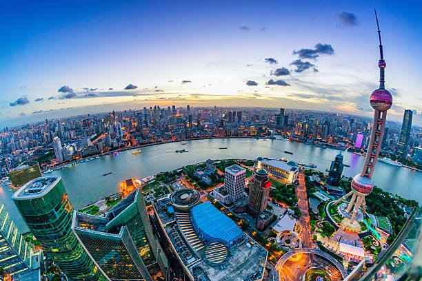 istock Fisheye view of Shanghai Skyline Sunset 611857390
