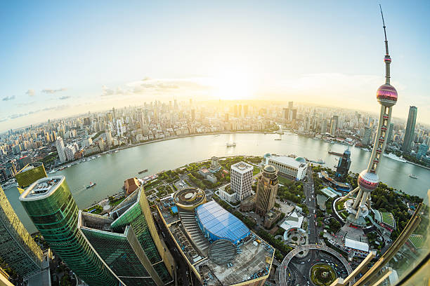 istock Fisheye view of Shanghai Skyline Sunset 611859826