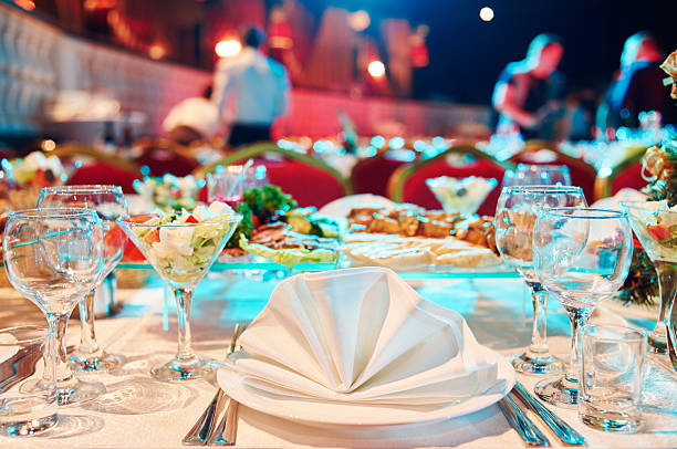 istock Catering event service. set table at party 611860496