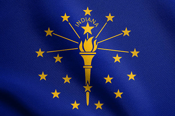 istock Flag of Indiana waving with fabric texture 611861736
