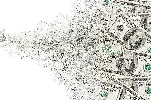Money american hundred dollar bills disintegration. Abstract USD background