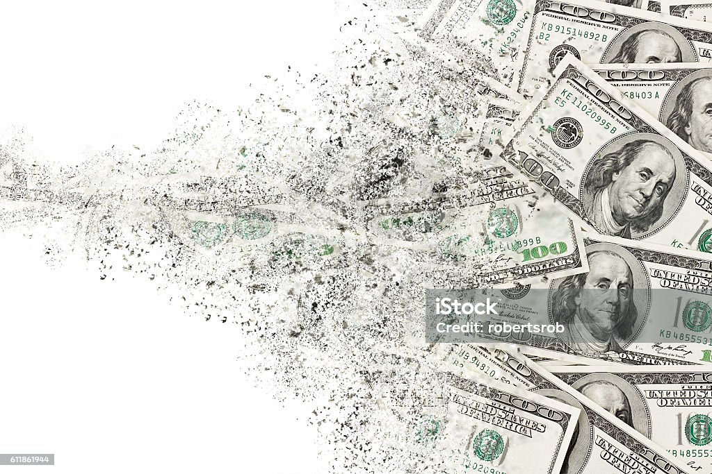 dollar Money american hundred dollar bills disintegration. Abstract USD background Inflation - Economics Stock Photo
