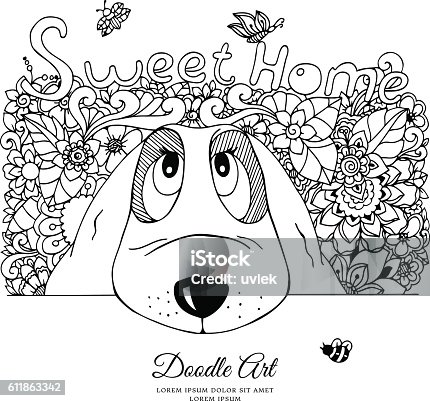 istock Vector illustration , dog and flowers Doodle drawing. Meditative exercise. Coloring 611863342