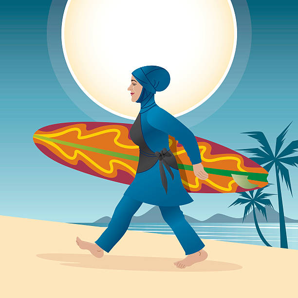 woman with burqini holding surfboard - 回教泳裝 圖片 幅插畫檔、美工圖案、卡通及圖標