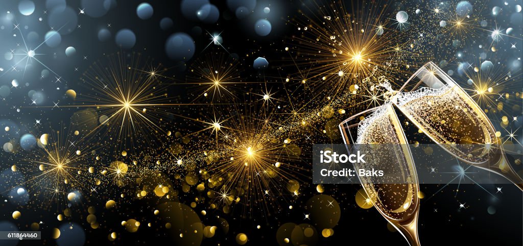 New Year fireworks and champagne New Year fireworks and champagne glasses. Vector Champagne stock vector