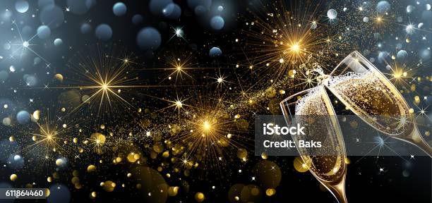 New Year Fireworks And Champagne Stock Illustration - Download Image Now - Champagne, Backgrounds, Champagne Flute