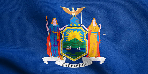 istock Flag of New York waving with fabric texture 611865604