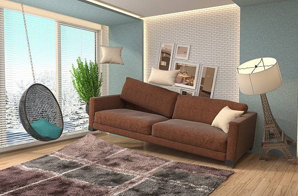 istock Zero Gravity furniture hovering in living room. 3D Illustration 611866868