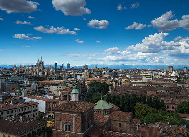 istock Milano, 2016 panoramic skyline with clear sky and italian Alps 611868816