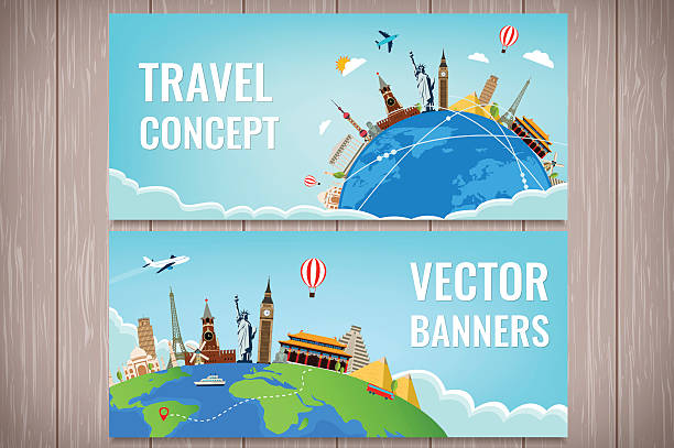 ilustrações, clipart, desenhos animados e ícones de viagem a composição com famosos monumentos. viagens e turismo. - flying uk england international landmark