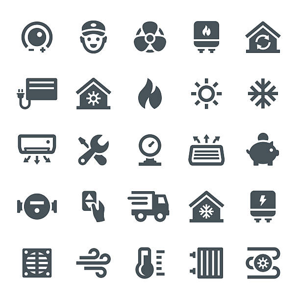 Heating and Cooling Icons Air conditioner, heating system, icon, icon set, heating, cooling, home automation wind icons stock illustrations
