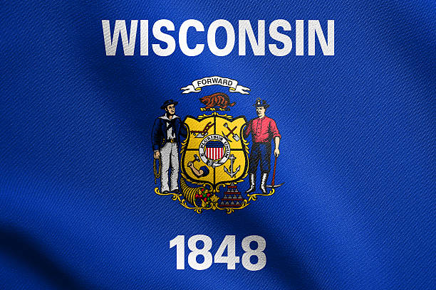 istock Flag of Wisconsin waving with fabric texture 611872858