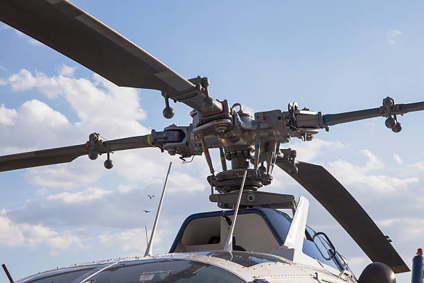 istock blades of a helicopter standing on the ground 611873064