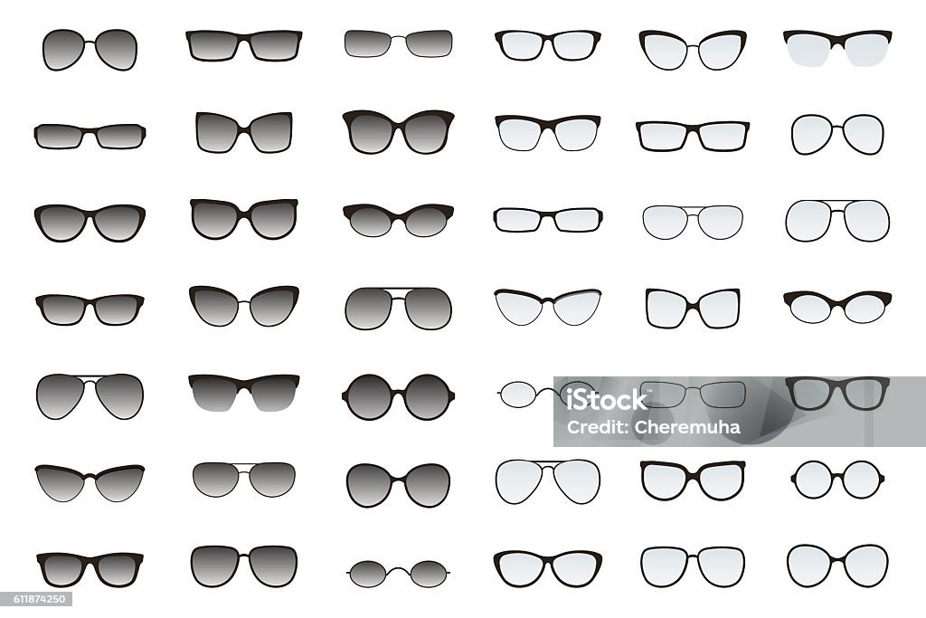 Types of glasses and sunglasses. Big flat vector set. Kinds of sunglasses. Many types of glasses. Fashion collection. Forms of fashionable  spectacles. Vector set. All glasses with translucent glass. Sunglasses stock vector