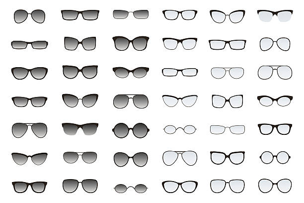 Types of glasses and sunglasses. Big flat vector set. Kinds of sunglasses. Many types of glasses. Fashion collection. Forms of fashionable  spectacles. Vector set. All glasses with translucent glass. aviator glasses stock illustrations