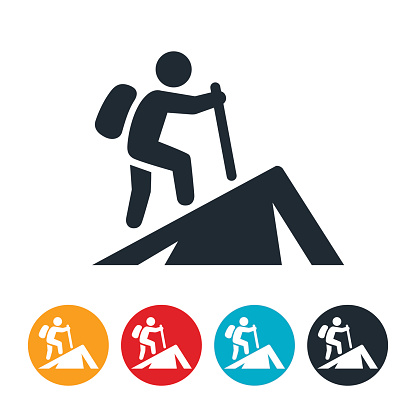 An icon of a hiker hiking up a mountain. The hiker or backpacker has a walking stick in hand and a pack on their back.