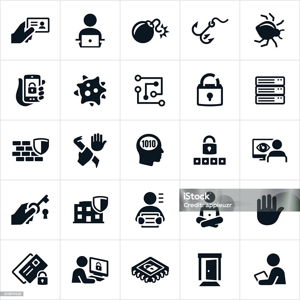 Cyber Security Icons A set of cyber or internet security icons. The icons include cyber security themes, hackers, bugs, viruses and other security related concepts. Icon Symbol stock vector