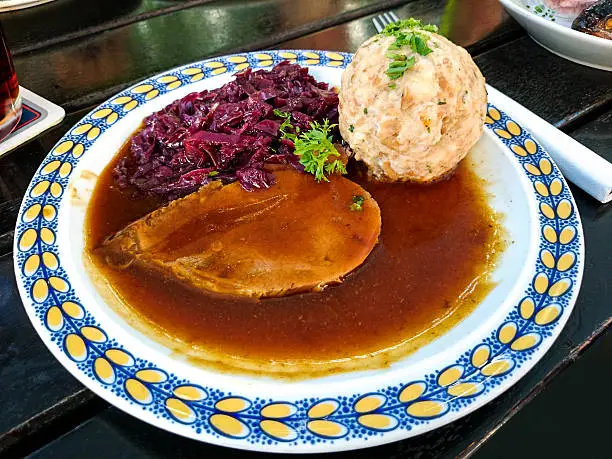Bavarian Sauerbraten of beef with red cabbage and bread dumplings