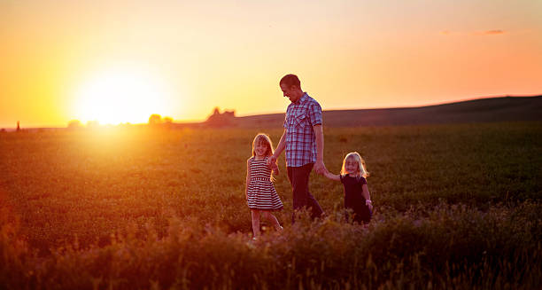 istock Dad and daughter walking in field at sunset 611876230