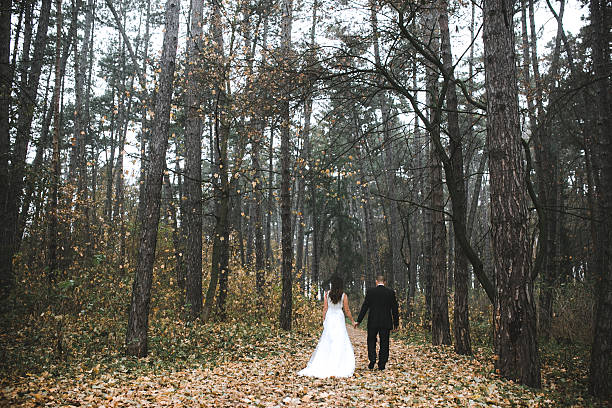 istock happy bride and groom posing in the autumn forest 611878538