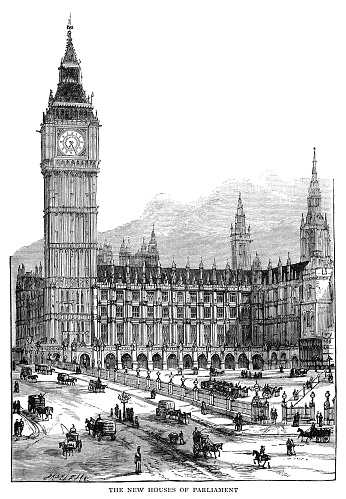 The current Palace of Westminster in London, more commonly known as the Houses of Parliament, was built in the Gothic Perpendicular style between 1840-70 to replace the former building which was destroyed by fire in 1834. It is a UNESCO World Heritage Site. From “The Life of Victoria - Our Queen and Empress - Simply Told for Children” by Mrs L Valentine. Published in London and New York by Frederick Warne & Co in 1897, the Diamond Jubilee of Queen Victoria’s accession to the throne. The building would still have been considered ‘new’ when this book was published.