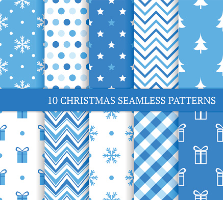 Ten blue Christmas different seamless patterns. Endless texture for wallpaper, web page background, wrapping paper and etc. Retro style. Fir, snowflakes and gifts.