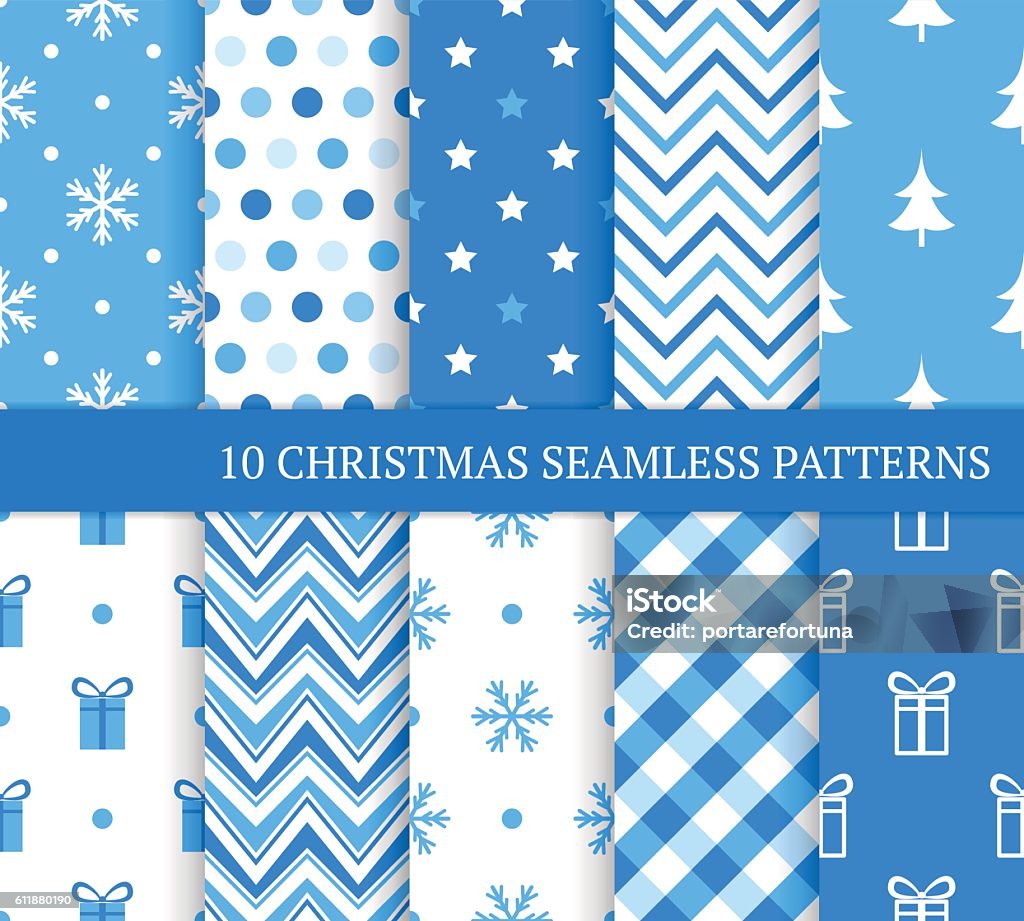 Ten blue Christmas different seamless patterns. Ten blue Christmas different seamless patterns. Endless texture for wallpaper, web page background, wrapping paper and etc. Retro style. Fir, snowflakes and gifts. Wrapping Paper stock vector