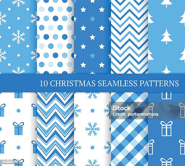 Ten Blue Christmas Different Seamless Patterns Stock Illustration - Download Image Now - Wrapping Paper, Gift, Paper