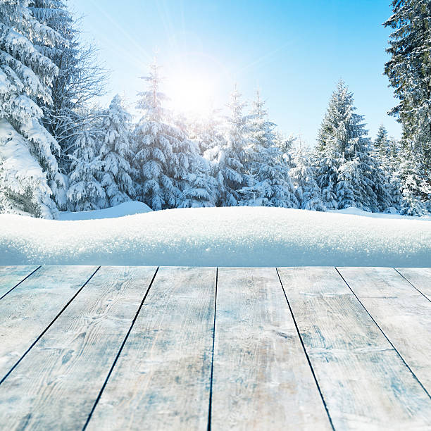 istock Winter background with snow-covered pine trees behind empty wooden planks 611881584