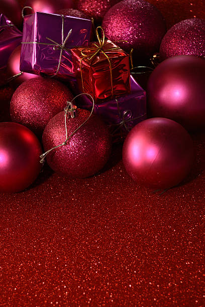 istock Gifts and Christmas decorations on red background 611881884