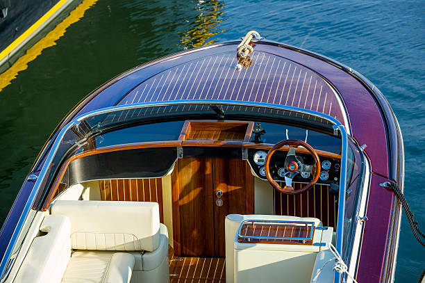 istock Luxury retro style wooden motor boat 611884848