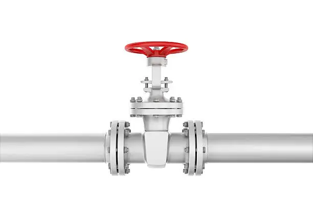 3d rendering metal valve on curved pipe, isolated on white background. Water supply and sewerage system. Oil and Gas. Energy facilities. Housing and communal services.