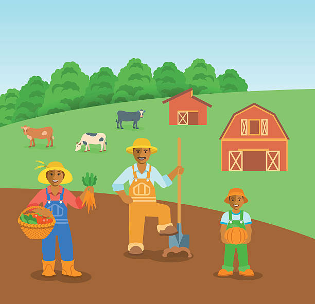 сельское хозяйство черной семьи в сельскохозяйственном поле плоский вектор фон - farm vegetable black landscape stock illustrations