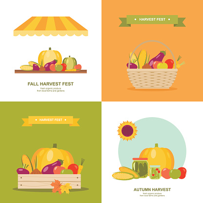 Set of colorful vector illustrations or icons for fall/autumn harvest market festival in modern flat design. Easy to edit, elements are grouped and in separate layers.