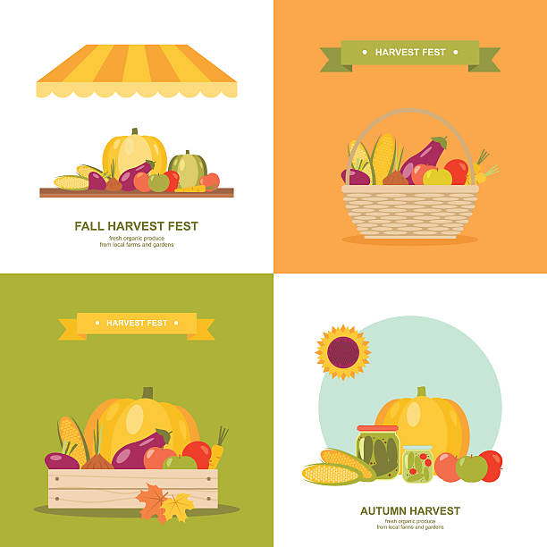 Fall harvest festival vector illustrations set  Set of colorful vector illustrations or icons for fall/autumn harvest market festival in modern flat design. Easy to edit, elements are grouped and in separate layers. produce basket stock illustrations