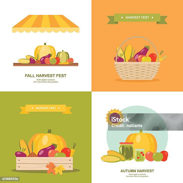 Fall Harvest Festival Vector Illustrations Set Stock Illustration - Download Image Now - Basket, Vegetable, Agricultural Fair