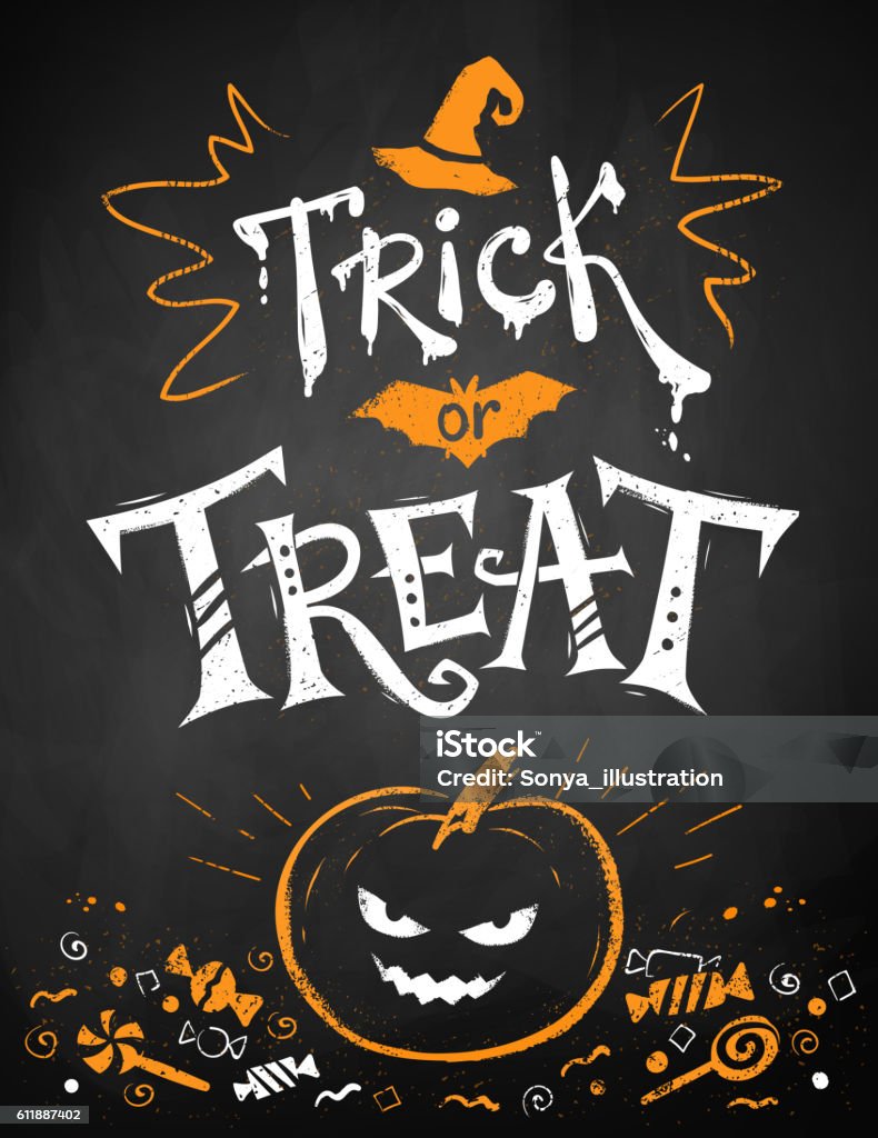 Trick or Treat Halloween poster White and orange chalk drawn Trick or Treat Halloween poster with pumpkin and candies on blackboard background. Halloween stock vector