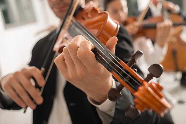 istock Violinist performing on stage with orchestra 611890880