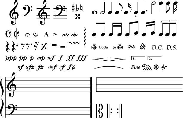 ilustraciones, imágenes clip art, dibujos animados e iconos de stock de conjunto de muchas notas / símbolo musical simple y básico. - treble clef