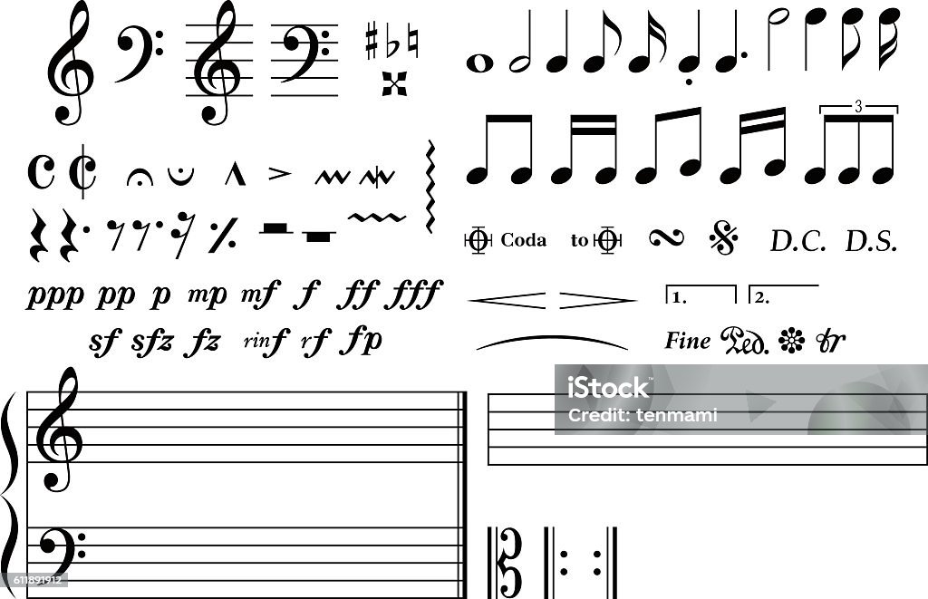 Conjunto de muitas notas / Símbolo musical simples e básico. - Vetor de Pauta de Música royalty-free