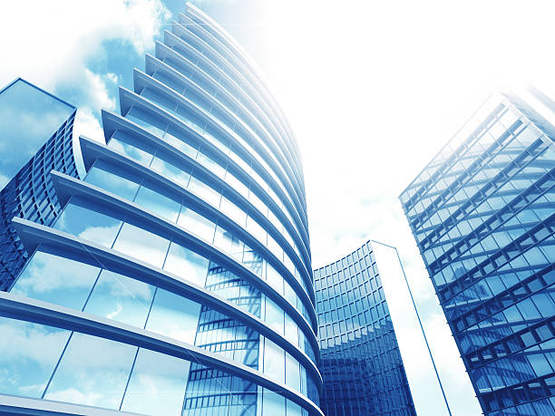 istock Modern Business Office Buildings Skyscrapers Blue Background 611893034