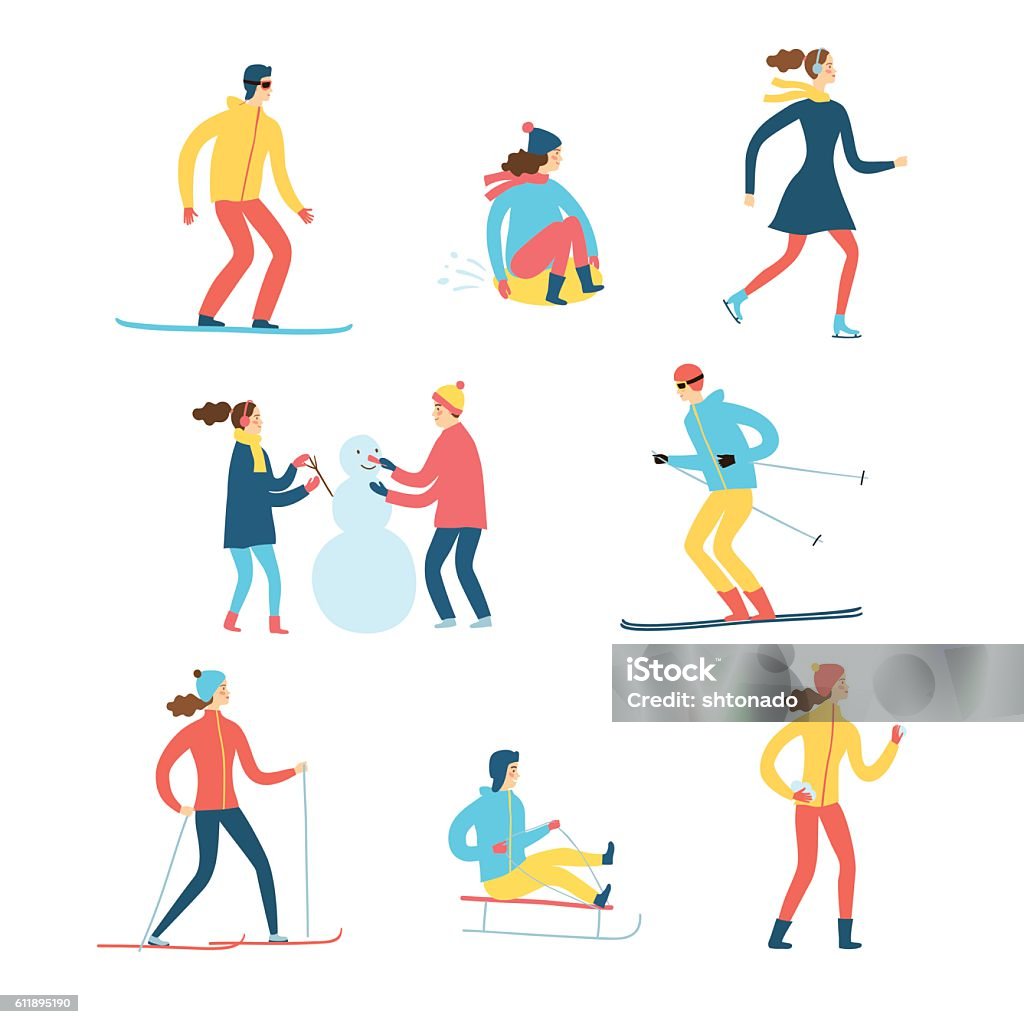 Winter activities cartoon set Winter activities cartoon set. Including ice skater, snowboarder, skier, playing children. Isolated elements. Winter sport illustration for your design. Characters stock vector
