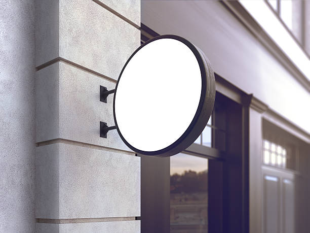 istock Hanging wall sign mockup, round billboard, stock image, 3d rendering 611895194
