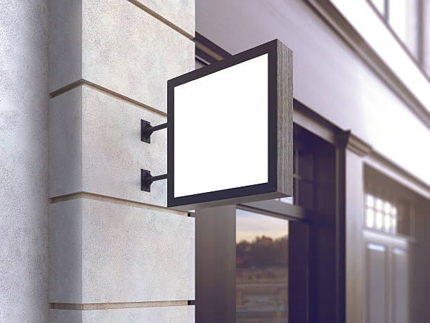 istock Hanging wall sign mockup, square billboard, stock image, 3d rendering 611895302