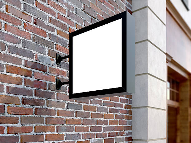 istock Hanging wall sign mockup, square billboard, stock image, brick wall 611895348