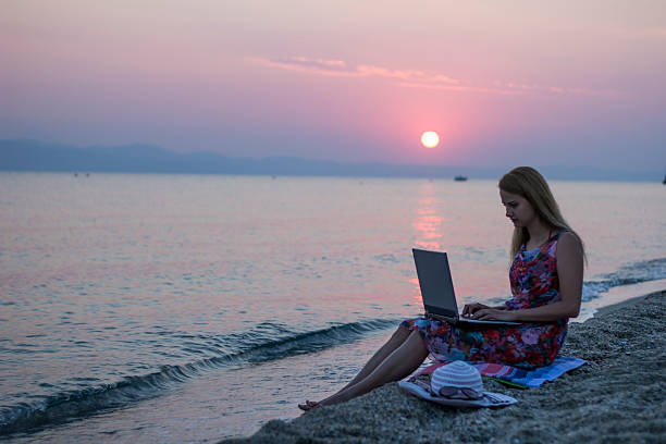 istock Woman chatting on beach at Sunrise 611896072
