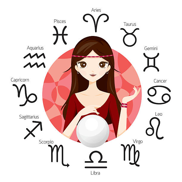 женщина гадалка и хрустальный шар с знаками зодиака - crystal number aries fortune telling stock illustrations