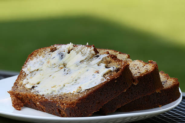 Slices of banana bread on patio