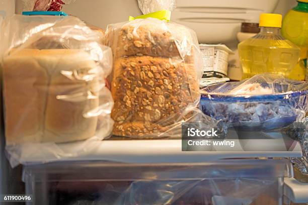 Inside A Home Fridge With Bread And Other Articles Stock Photo - Download Image Now