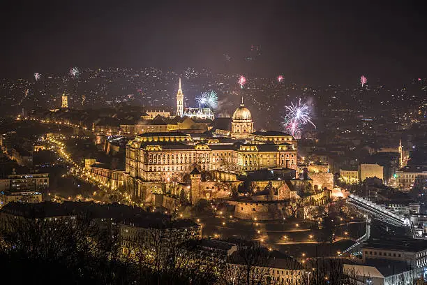 New Year Celebration. Buda Castle or Royal Palace in Budapest, Hungary with Fireworks at Night